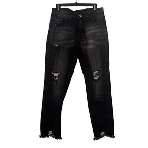 H&M Distressed Frayed Hem Straight Leg Jeans Black Denim Medium Wash Size Large